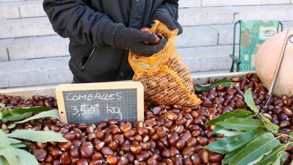 Homme vendant des châtaignes décortiquées