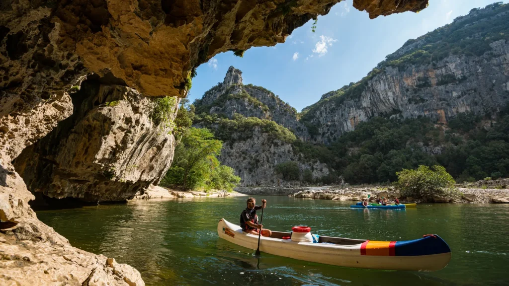 Canoeing in the Ardèche, Gorges, in summer, towards the "Cathedral Rock"