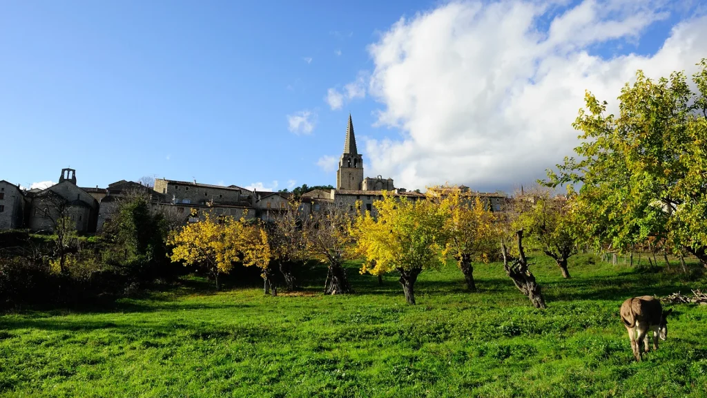 Village de caractère de Chassiers, en automne, avec un âne