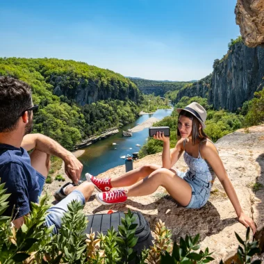 Une fille et son père écoutant de la musique au dessus des Gorges du Chassezac