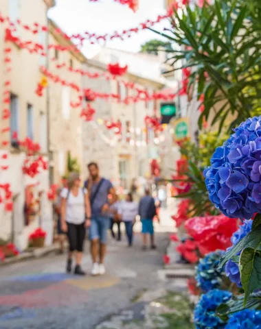 Personnes déambulant dans une ruelle décorée pour un festival