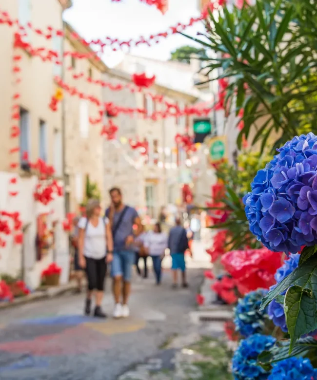 Personnes déambulant dans une ruelle décorée pour un festival