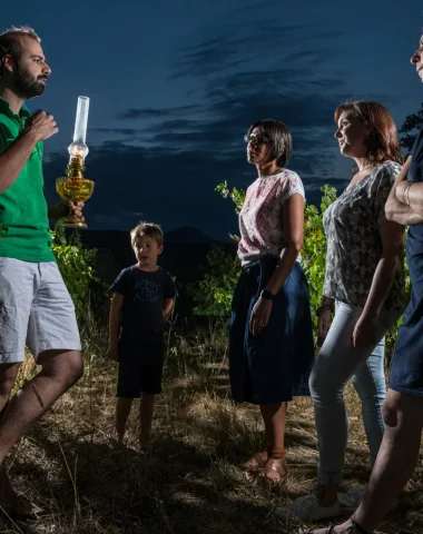 Famille profitant d'un visite nocturne dans les vignes du Domaine des lèbres, en été