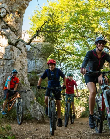 Famille avec des adolescents faisant du VTT dans le bois de Païolive en été