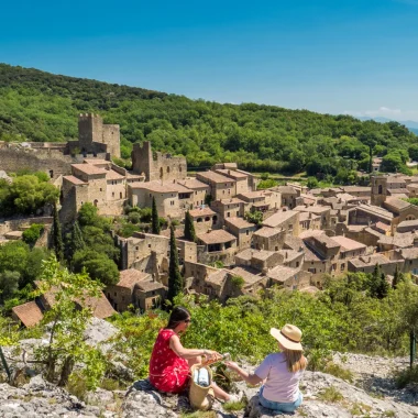 Wine tasting above the village with outstanding character of Saint-Montan, in summer