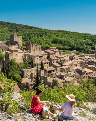 Wine tasting above the village with outstanding character of Saint-Montan, in summer
