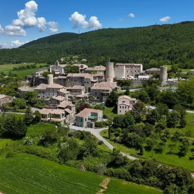 Aerial view of the village with outstanding character of Saint-Vincent-de-Barrès in spring