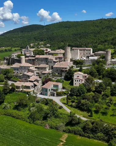 Aerial view of the village with outstanding character of Saint-Vincent-de-Barrès in spring